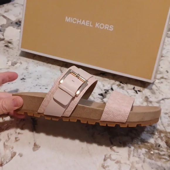 Michael Kors Blush Pink Mylah MK Signature Print Slide Sandals NEW SZ 6.5 - Picture 5 of 14